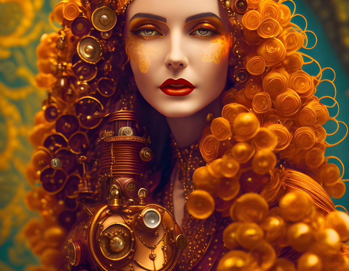 Digital artwork featuring woman with ornate gold curly hair and mechanical arm on golden backdrop