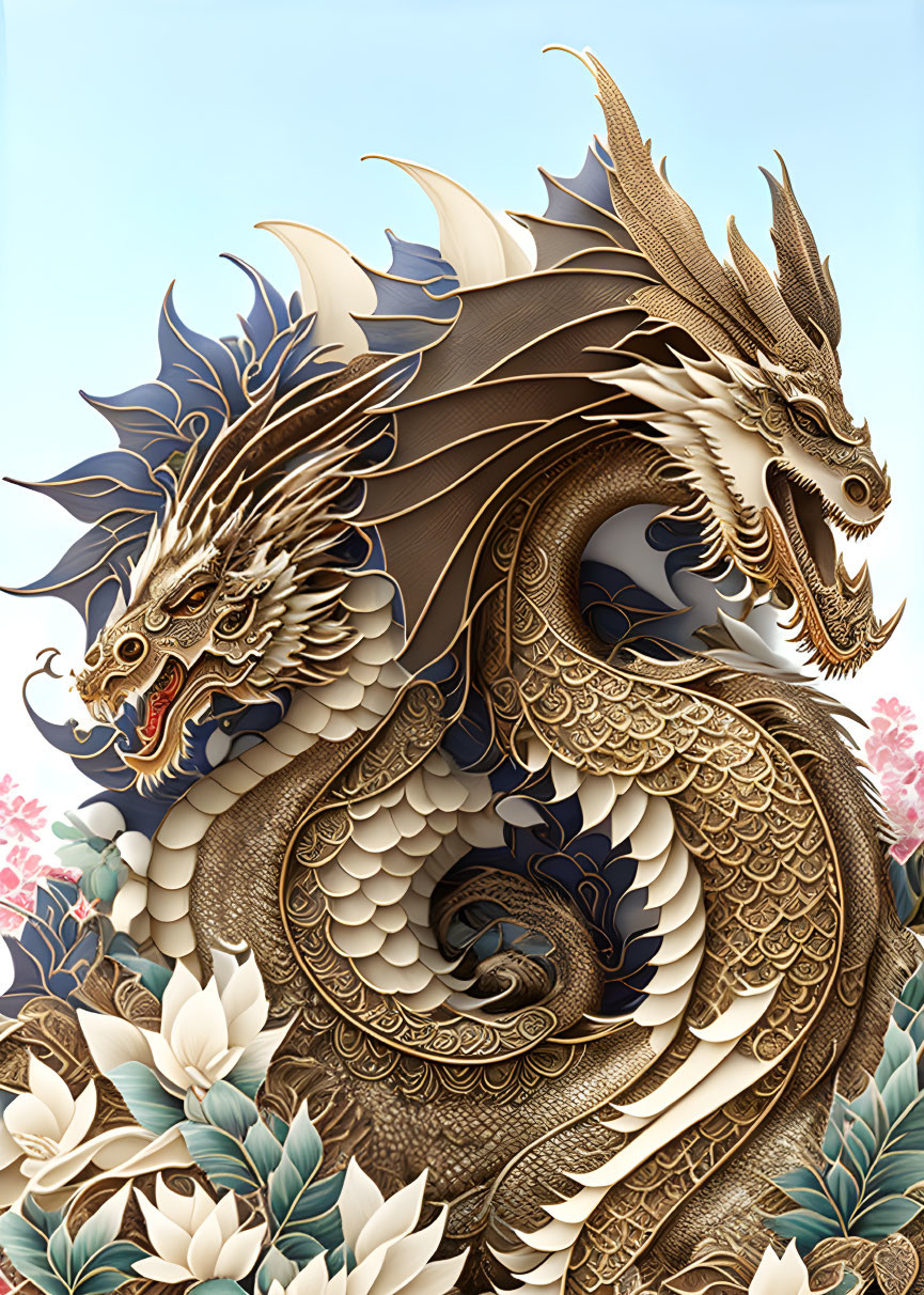 Detailed dual-headed dragon illustration with elaborate scales and horns on floral background