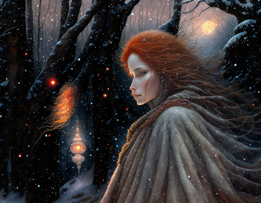 Red-haired woman in winter forest with lanterns and falling snowflakes