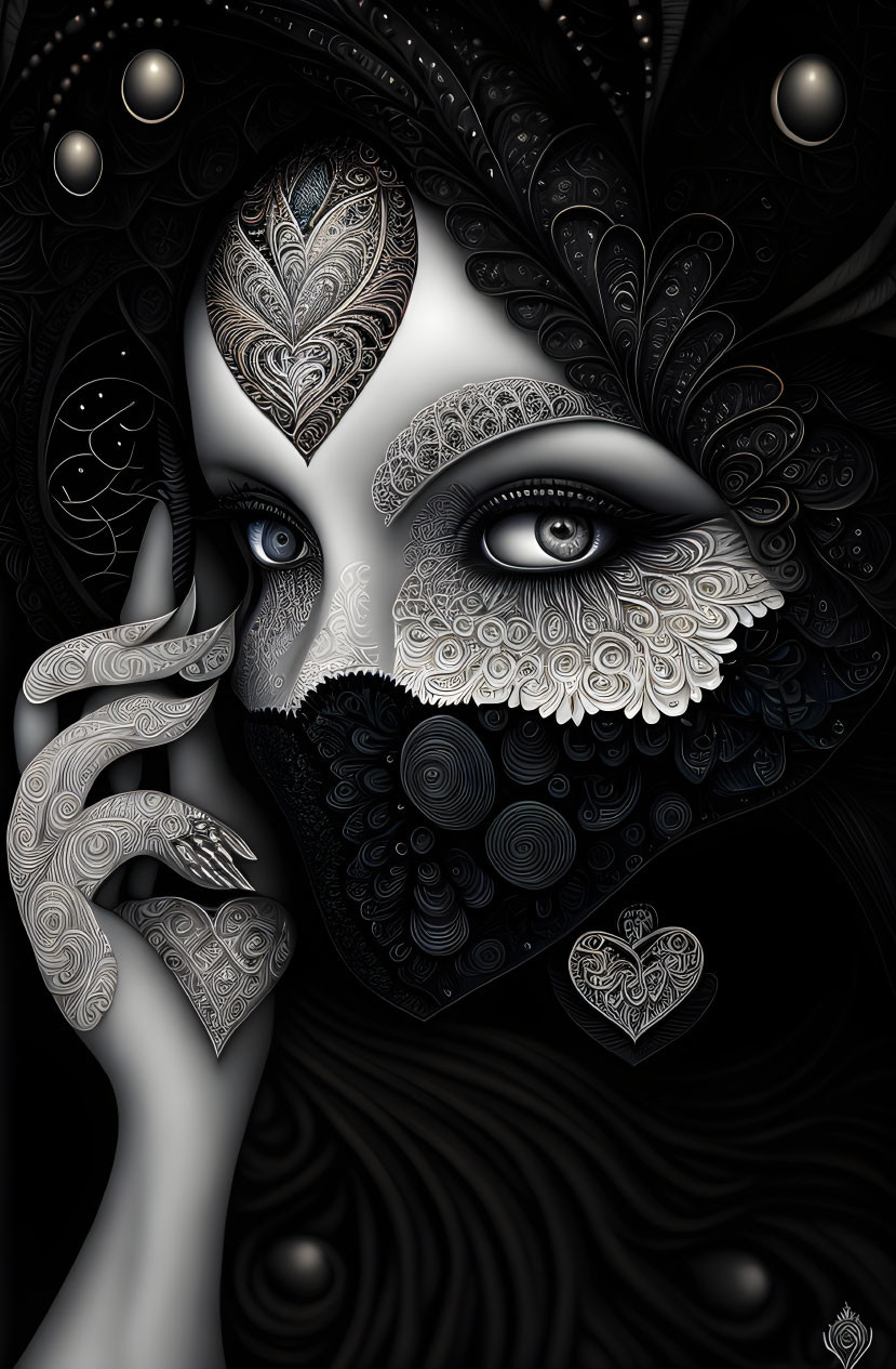 Intricately designed monochromatic female figure artwork