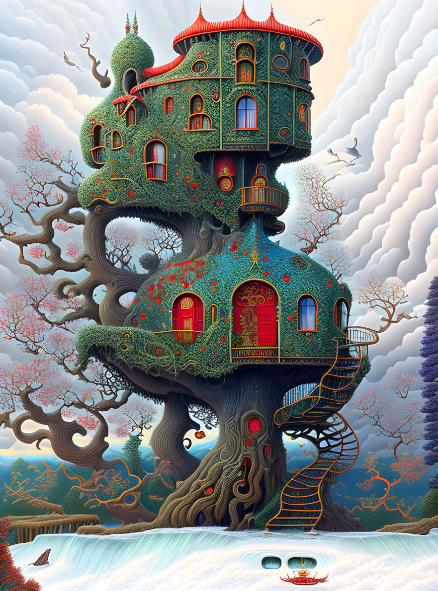 Ornate multi-level treehouse in twisty tree with red doors, set in serene landscape