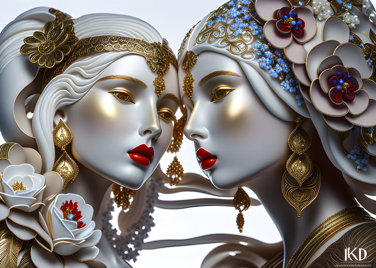 Stylized profile of elegant female faces with ornate jewelry and red lips