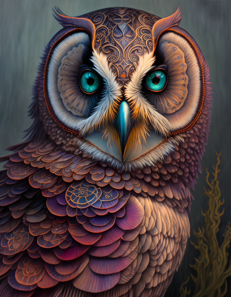 Colorful Owl Illustration with Detailed Patterns and Blue Eyes