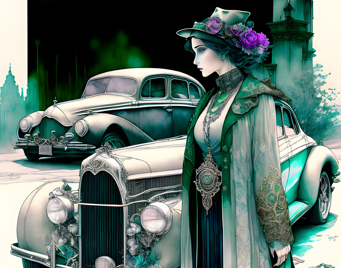 Vintage-clad woman with floral hat near classic cars in colorful setting