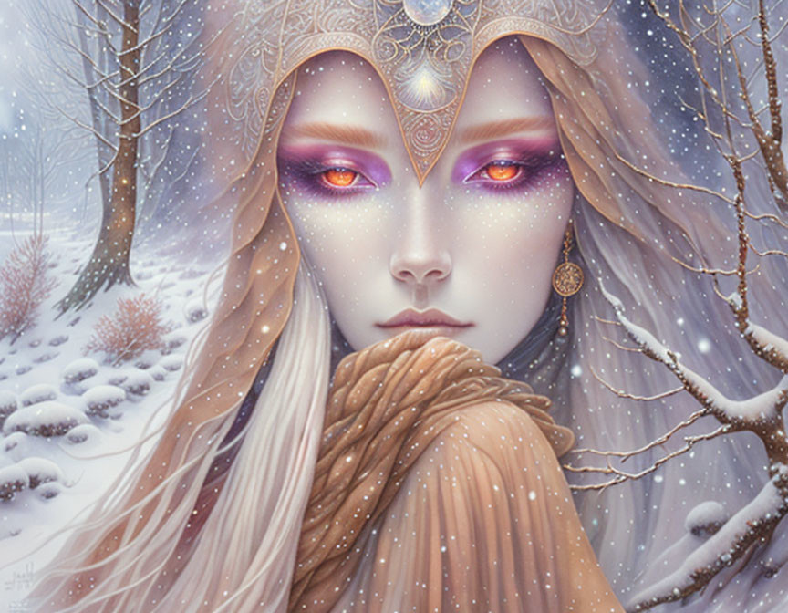 Mystical woman with purple eyes in snowy forest scene