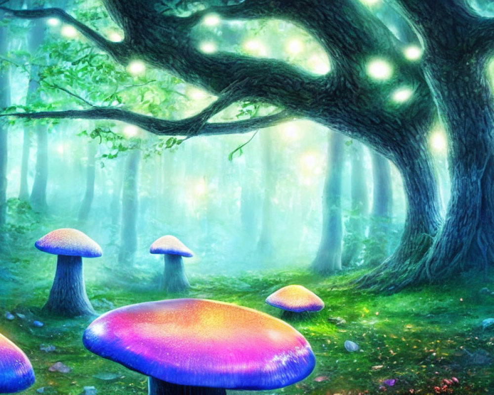 Enchanting forest with glowing mushrooms and mystical tree in misty light