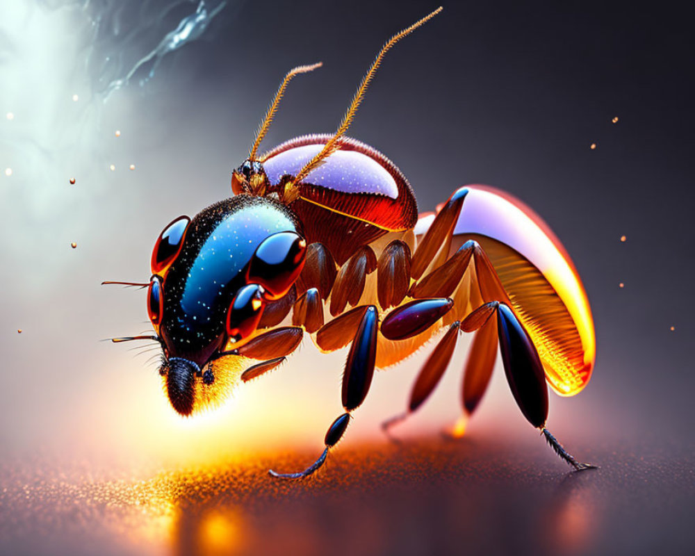 Colorful digital illustration: Ant with reflective body and iridescent wings