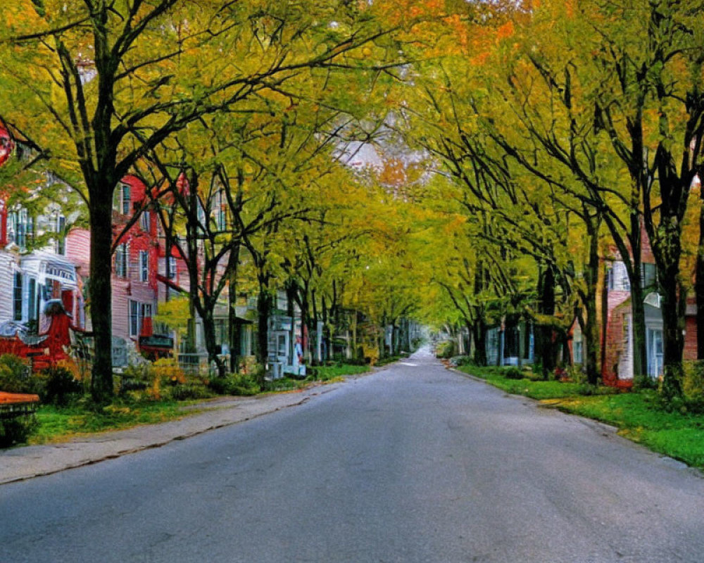 Colorful houses and autumn trees on quaint street with red car, cloudy sky