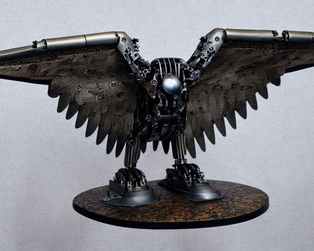 Metallic mechanical bird sculpture with widespread wings and intricate details.