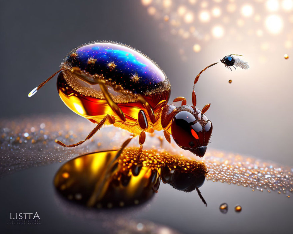 Stylized beetle with glossy iridescent shell and cosmic reflection.