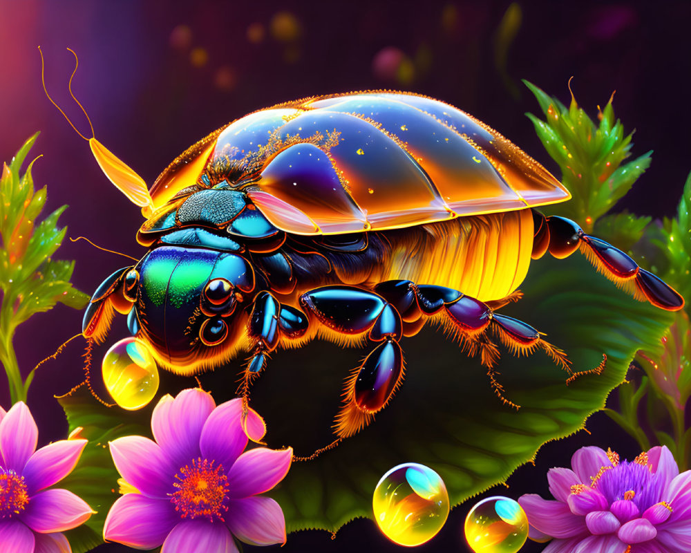 Colorful Beetle Illustration Among Flowers and Dewdrops