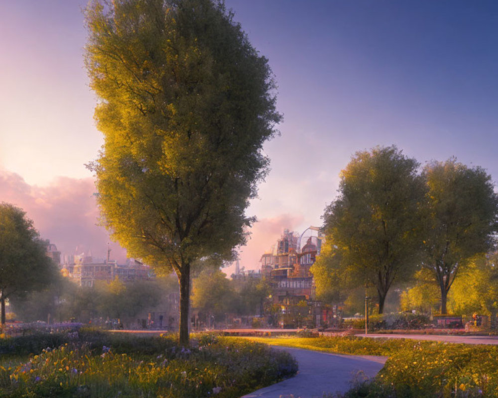 Tranquil dusk park scene with tall trees, winding path, blooming flowers, and soft sunlight