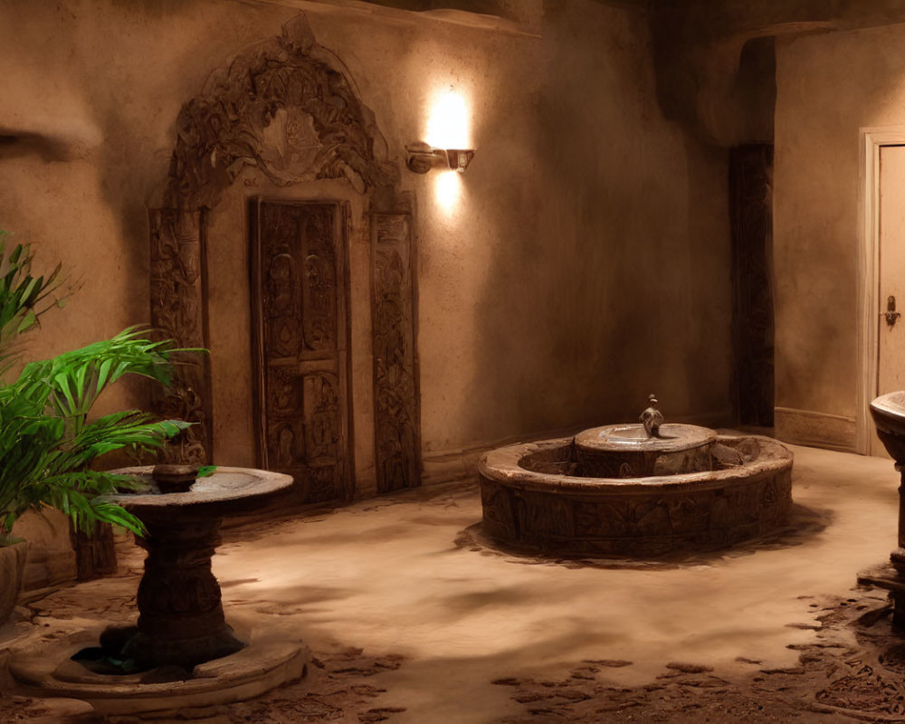 Traditional Fountain and Ornate Wooden Door in Serene Room