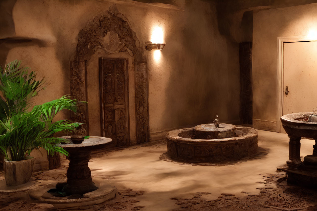 Traditional Fountain and Ornate Wooden Door in Serene Room