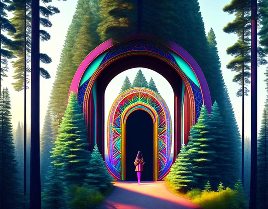 Person standing before vibrant circular gateway in pine forest landscape