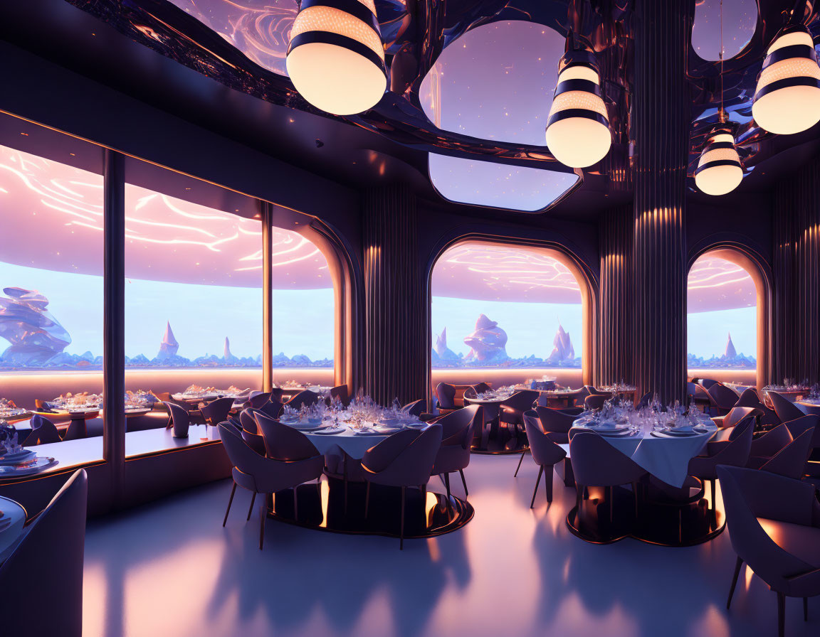 Panoramic view of futuristic restaurant with cosmic landscape and elegant tables