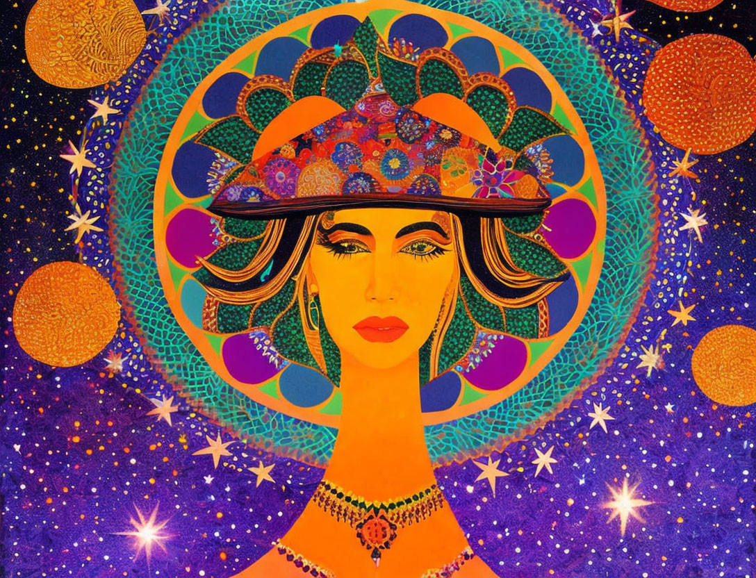 Stylized portrait of a woman with decorative hat in cosmic setting