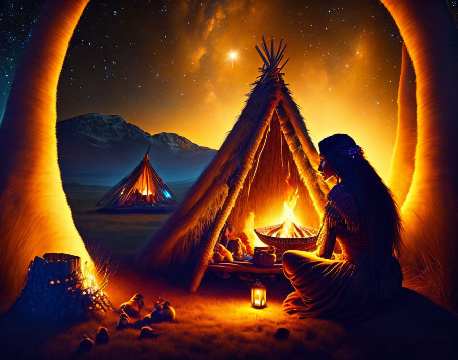 Woman sitting outside glowing tepee under starry sky with campfire and lantern