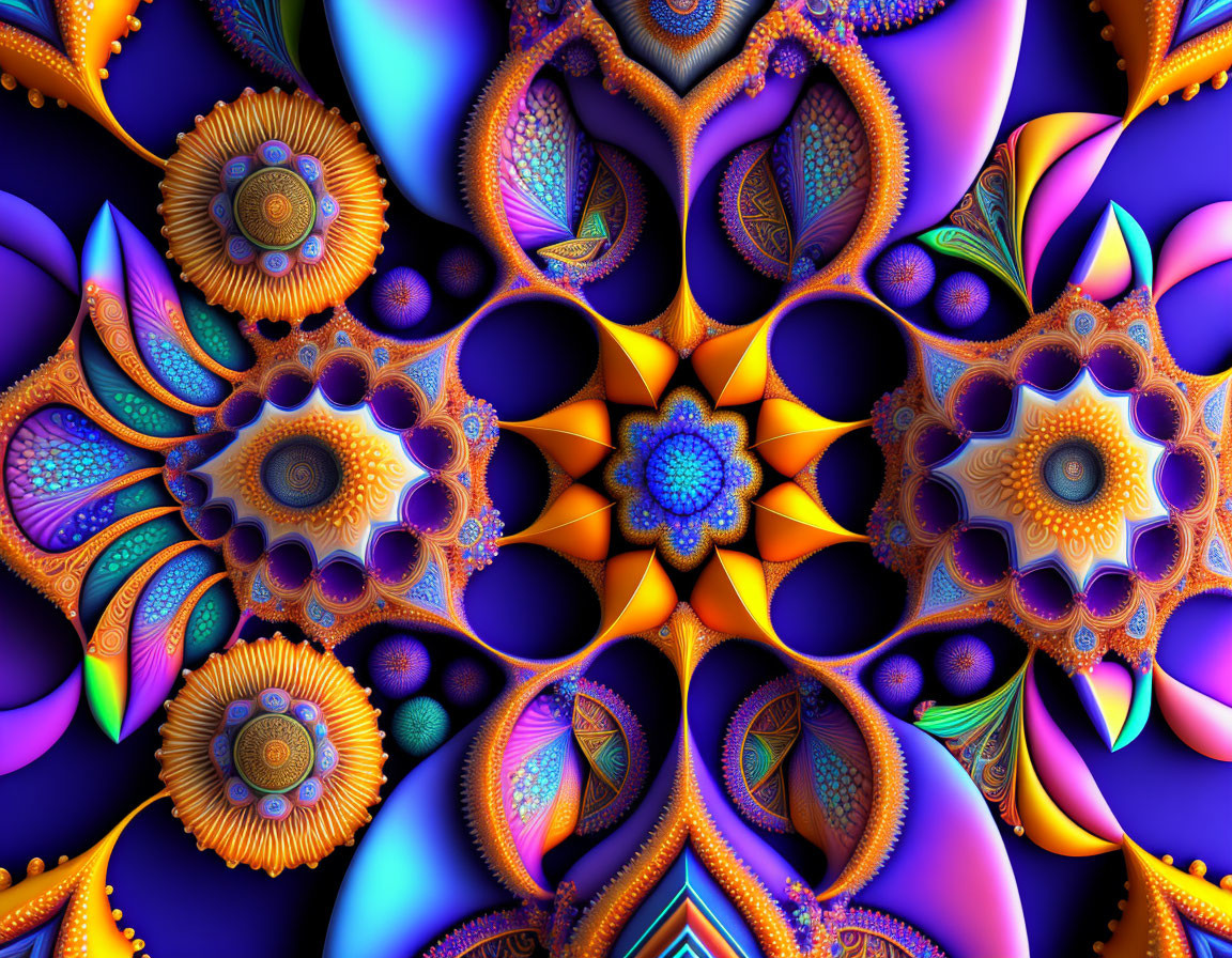 Colorful Fractal Art with Flower-Like Shapes in Blue, Orange, and Purple