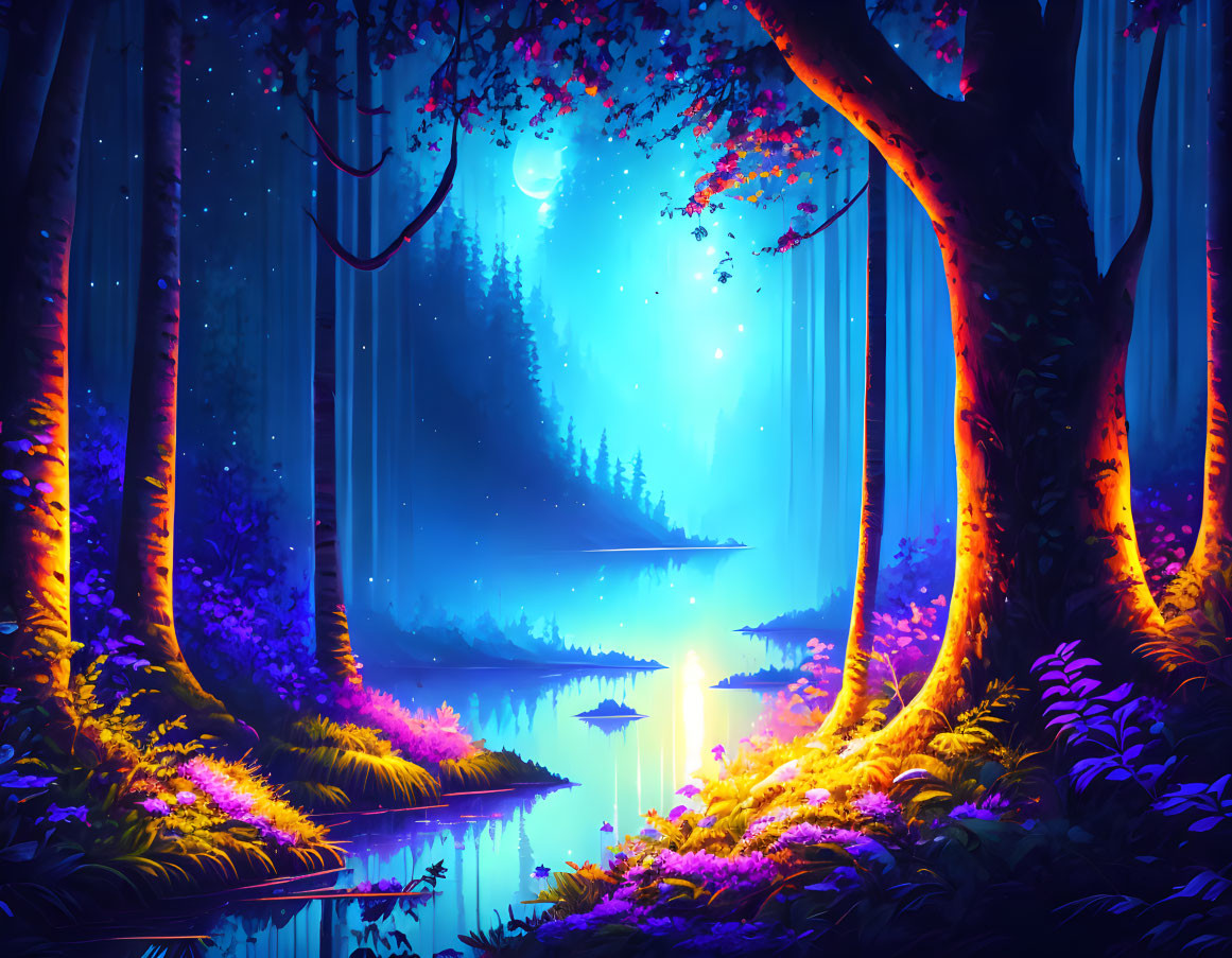 Enchanting forest digital art: vibrant flora, serene river, moonlit sky