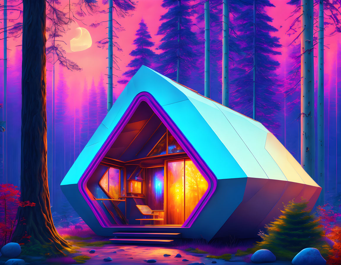 Futuristic cabin with neon lighting in mystical purple forest