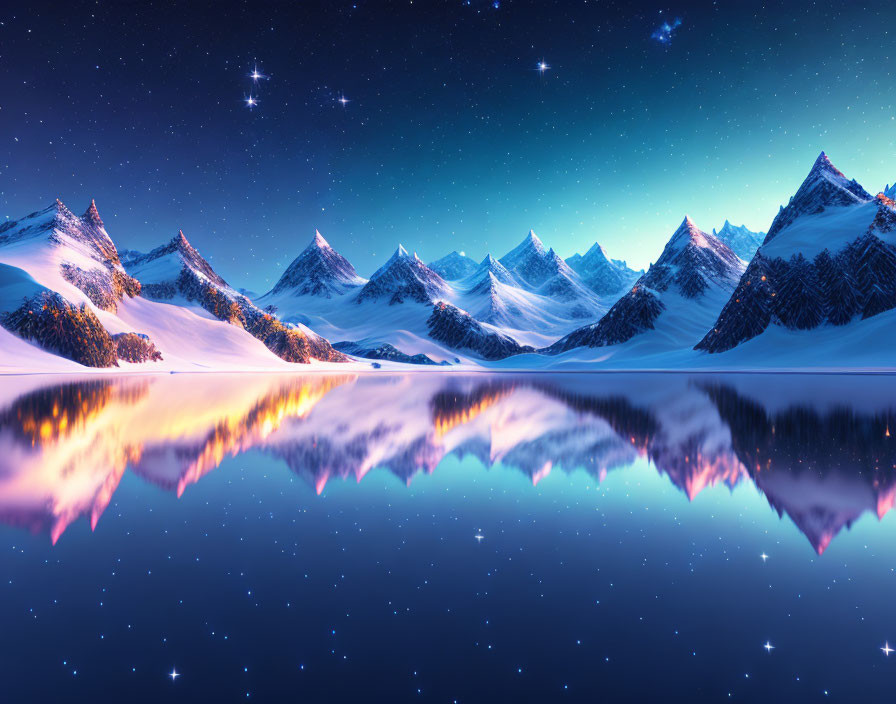 Snow-covered mountains reflected in a still lake under a starry sky at night