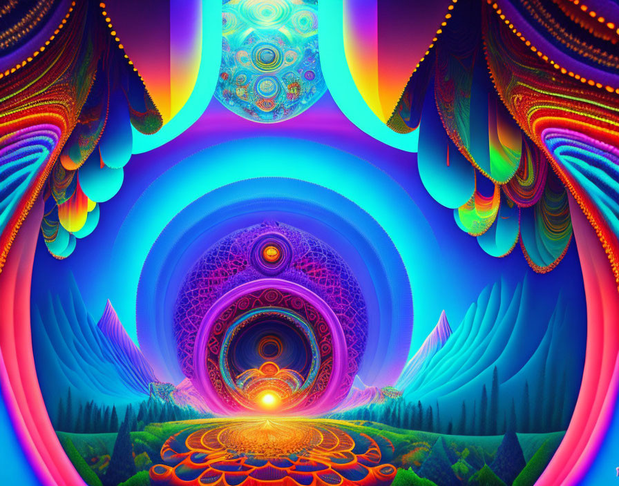 Symmetrical psychedelic digital artwork with colorful fractal design