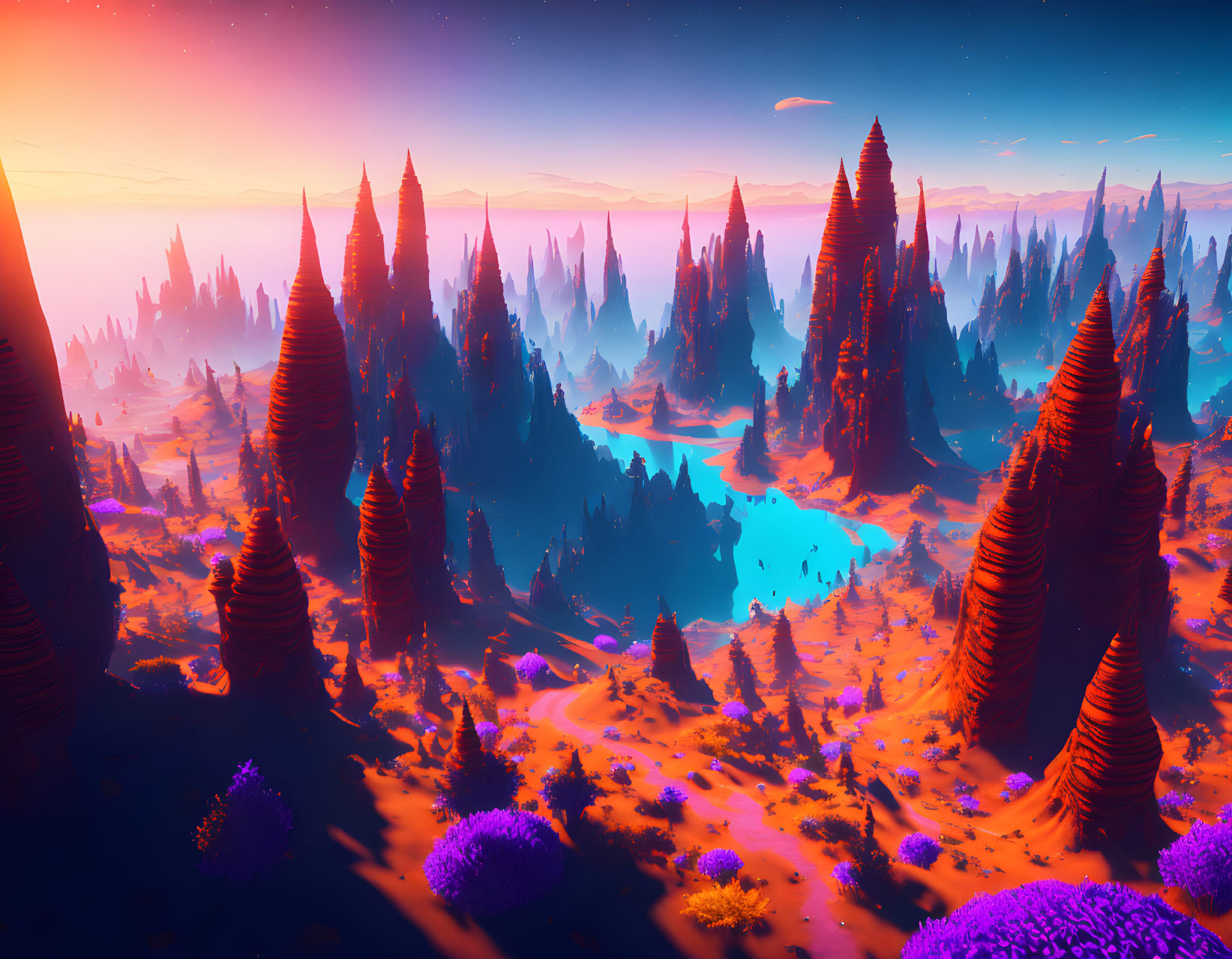 Surreal landscape with spire-like formations, sunset sky, blue water, and purple flora