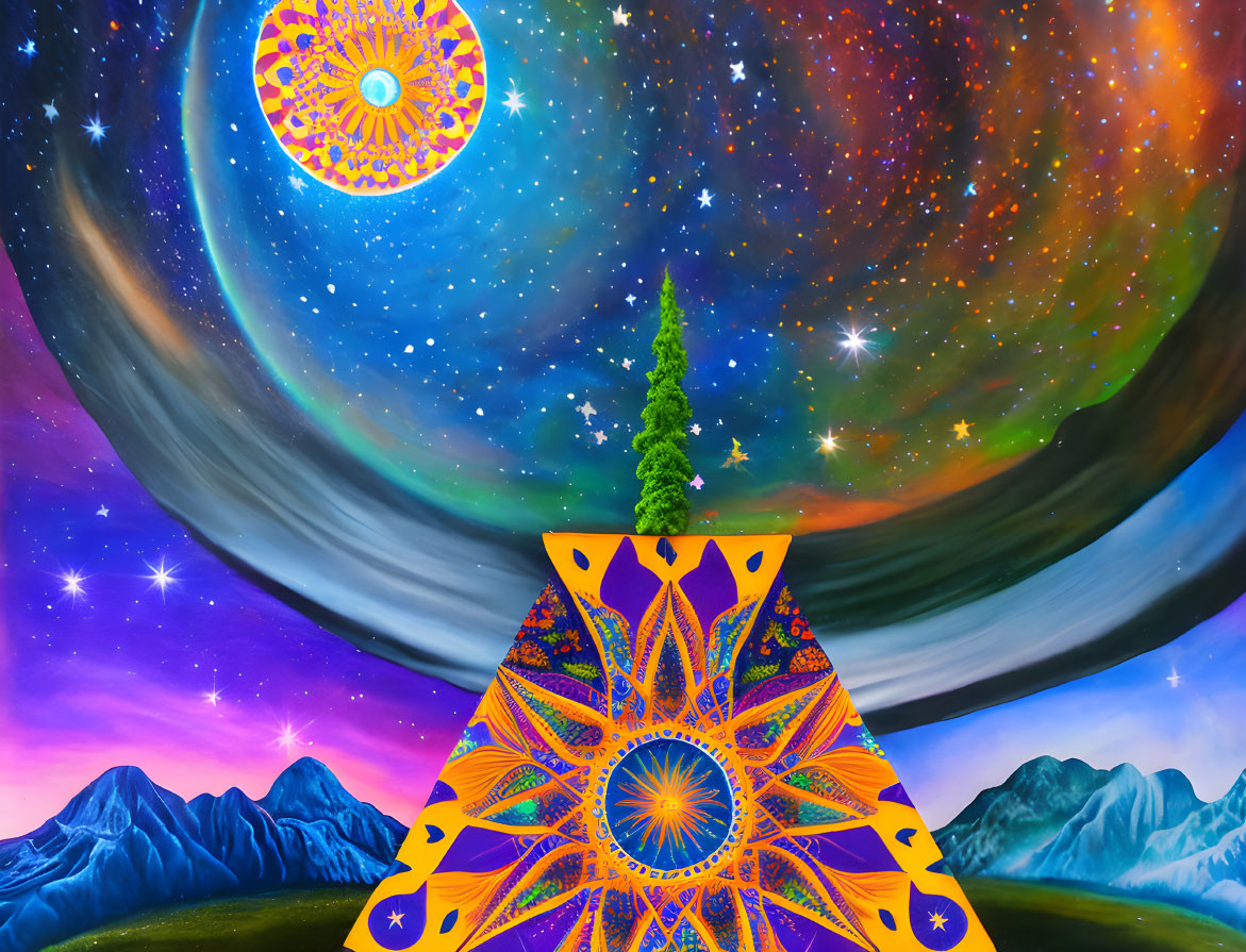 Vibrant night sky painting with galaxies, stars, pine tree, and geometric pattern