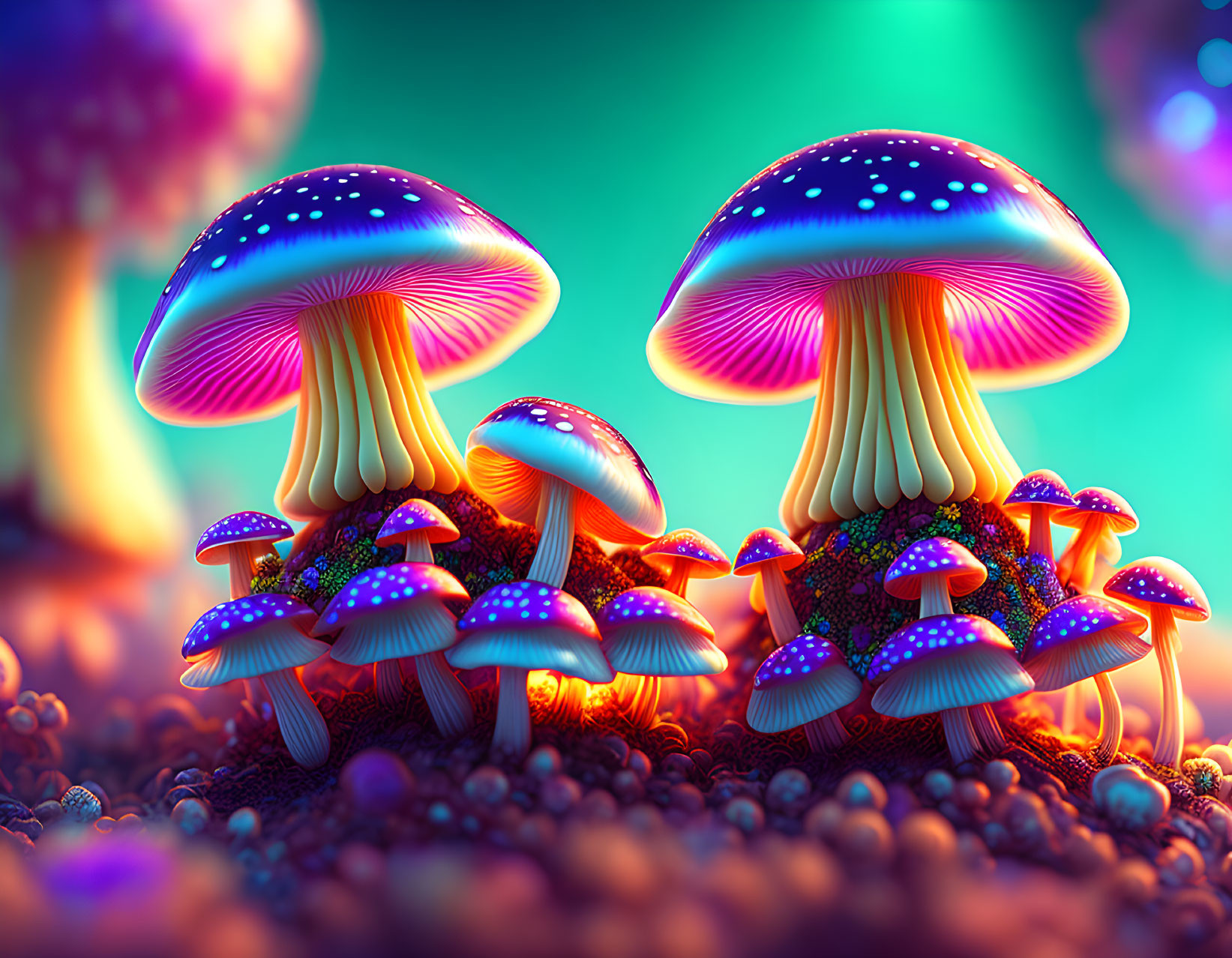 Luminescent fantasy mushrooms in colorful digital art