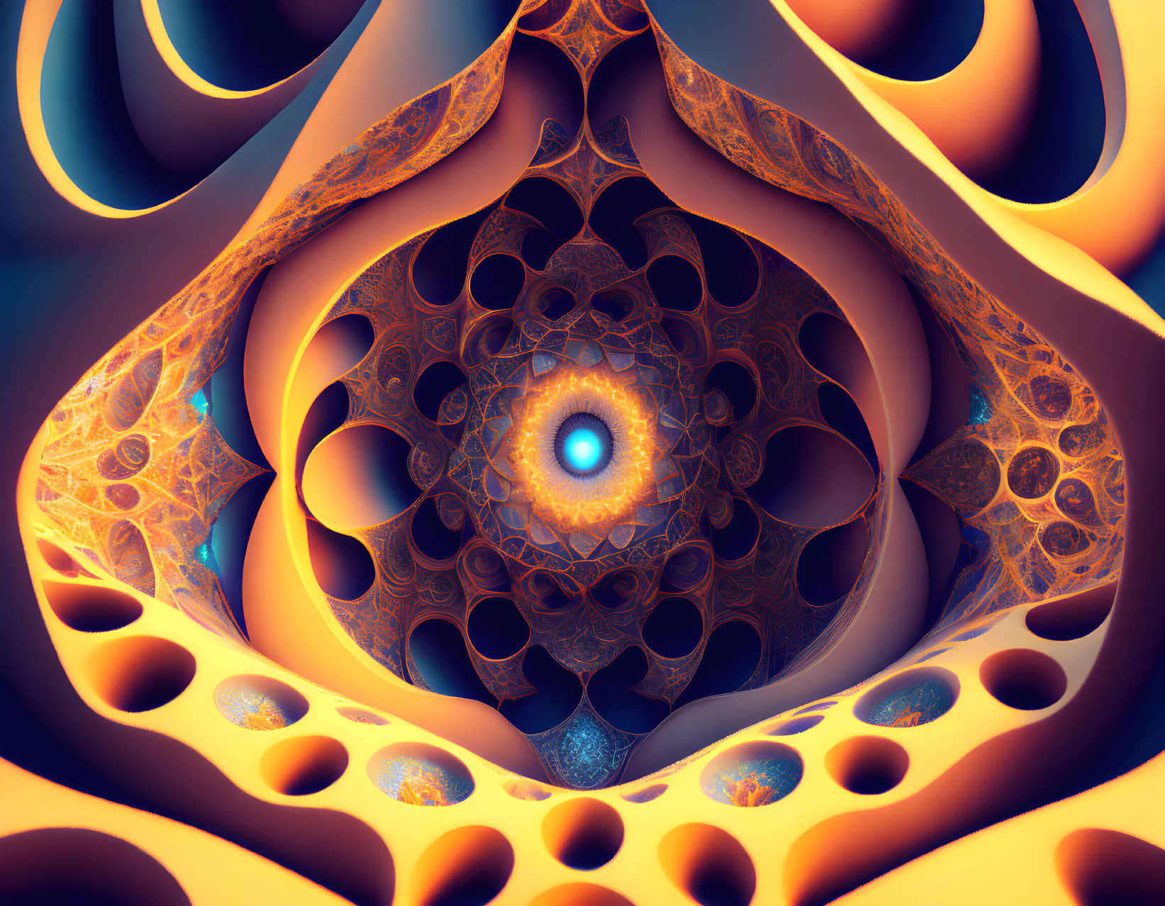 Circular Fractal Image with Mandala Designs in Orange and Blue