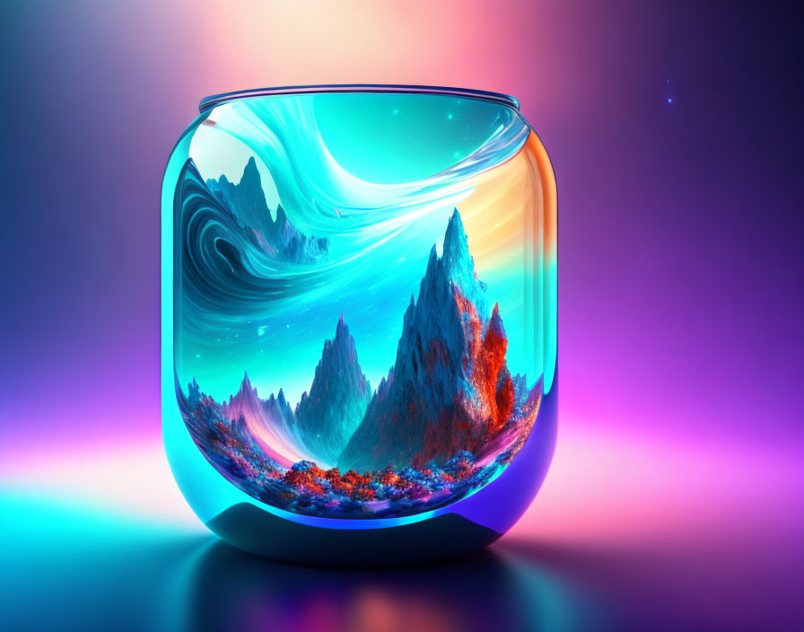 Surreal landscape with swirling skies and glass terrarium scenery