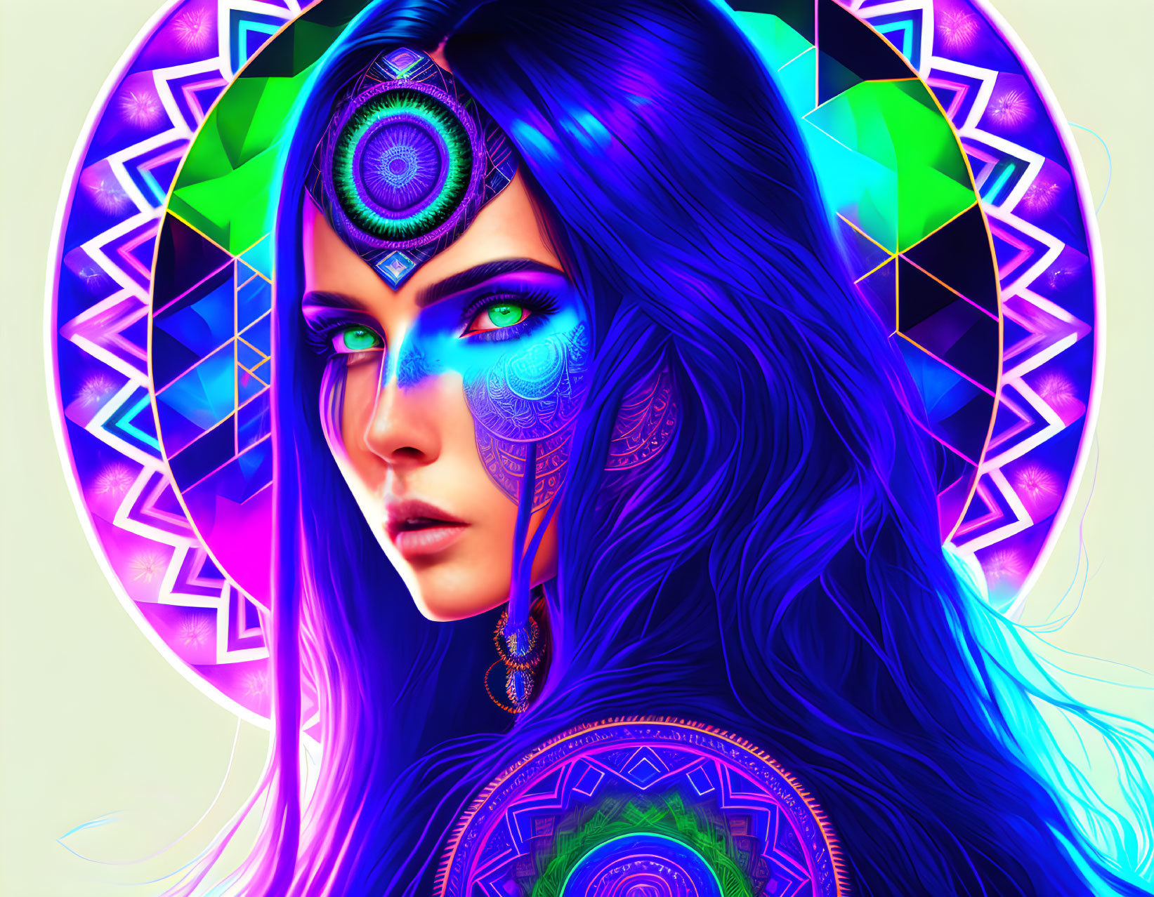 Colorful digital artwork of a woman with blue and purple hues and intricate patterns.