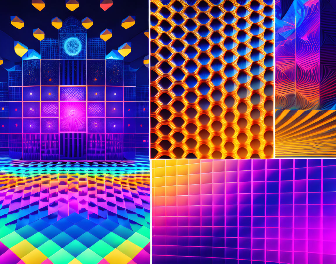 Four Vibrant Pattern Graphics: Neon Grid, Honeycomb, Wavy Texture, Colorful Cubic