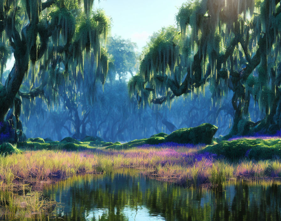 Tranquil forest scene with moss-covered trees and serene pond