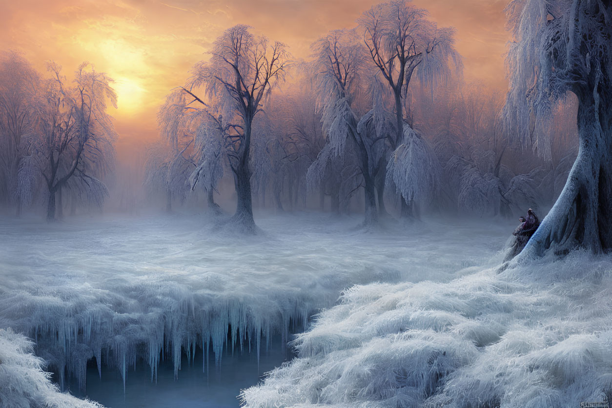 Serene frosty sunrise landscape with silhouetted trees and solitary figure