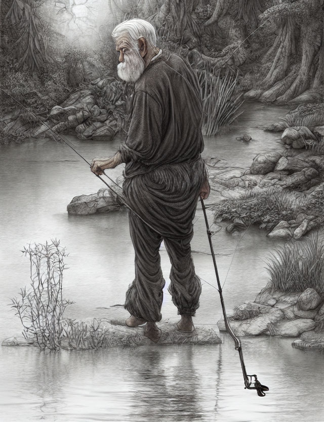 Elderly man fishing in tranquil stream by forest