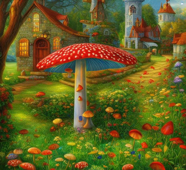 Colorful illustration of a large red mushroom in a whimsical landscape