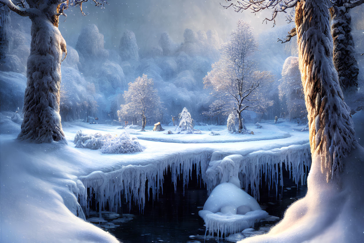 Snow-covered trees and icy pond in serene winter landscape