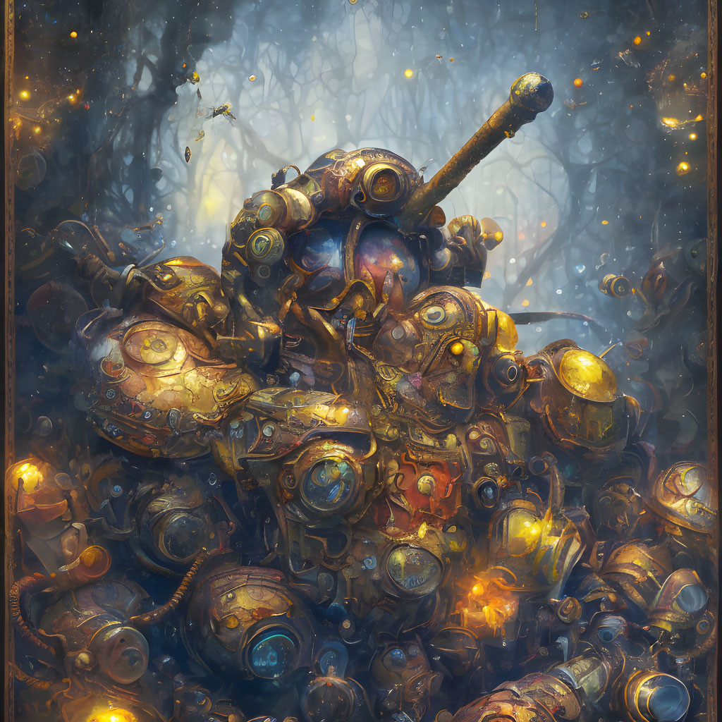 Detailed Robot Artwork in Mystical Forest Scene