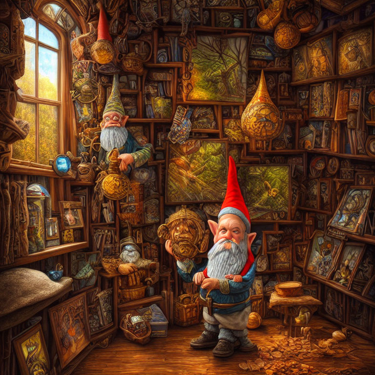 Fantasy room with gnomes and magical artifacts plotting an adventure