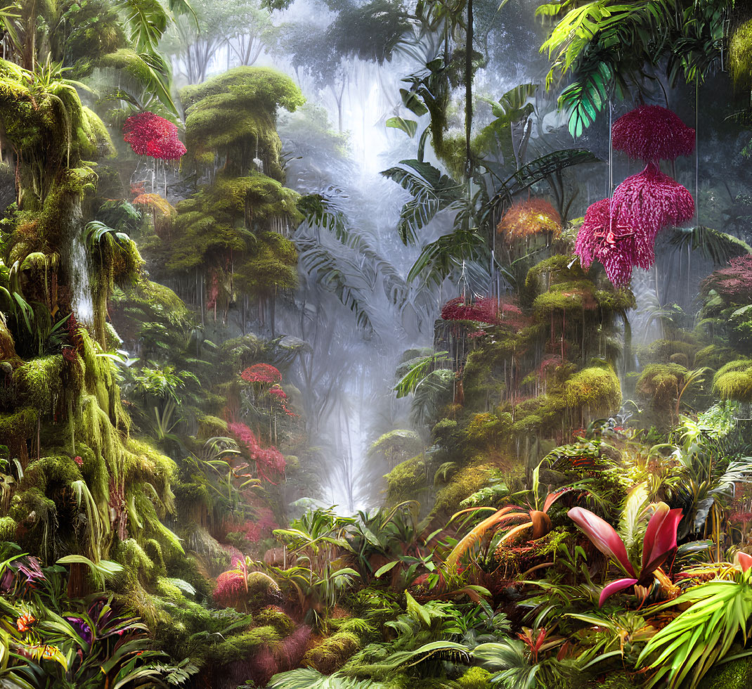 Lush mystical forest with vibrant flowers and hanging moss