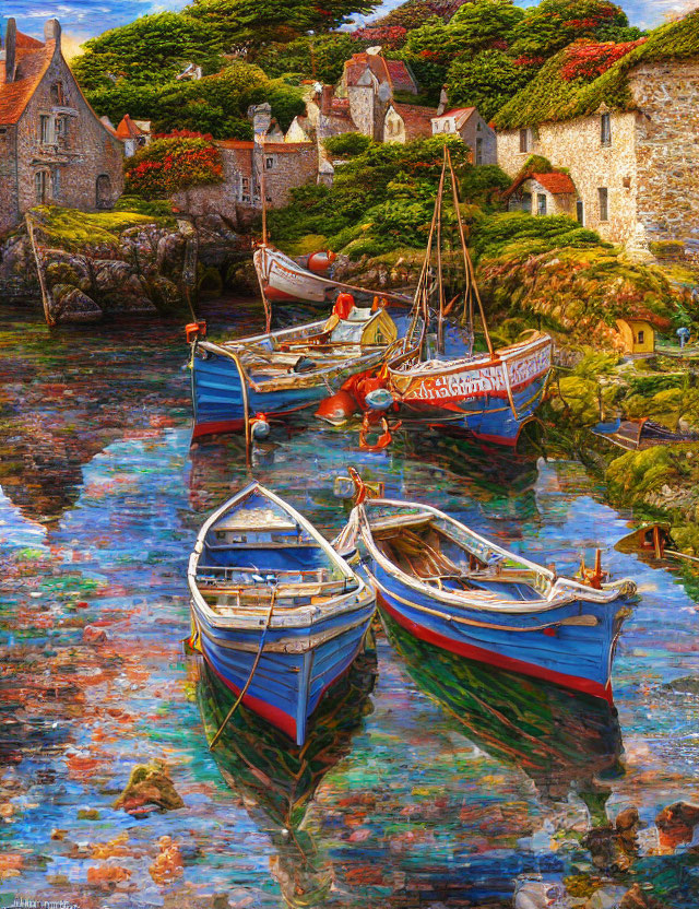 Colorful painting of boats in tranquil harbor with old stone houses and lush greenery