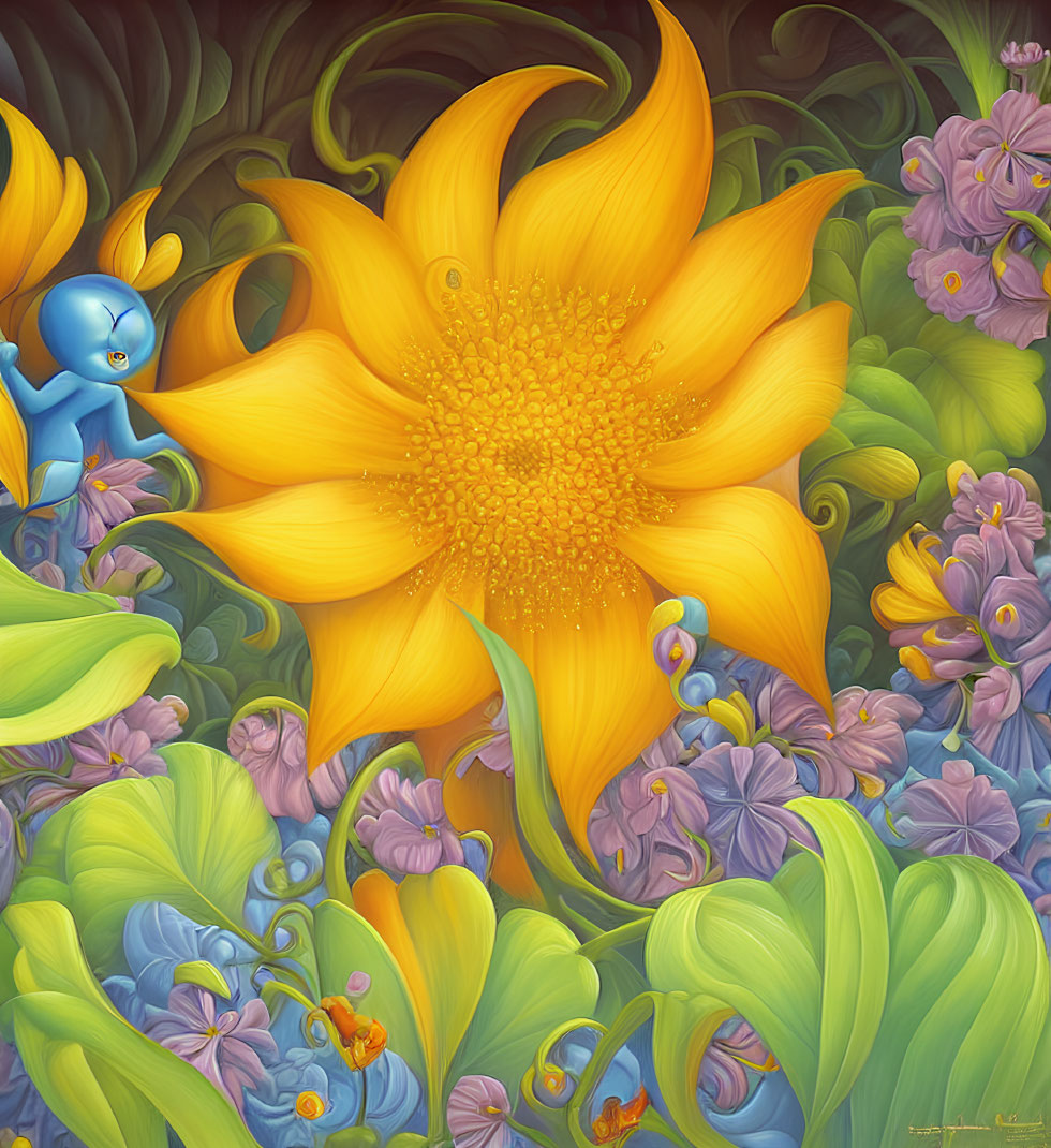 Colorful sunflower illustration with purple flowers, green foliage, and small blue elf.