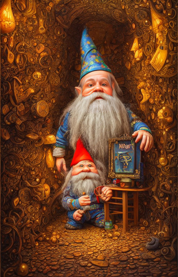 Whimsical gnomes in treasure nook with map and lantern