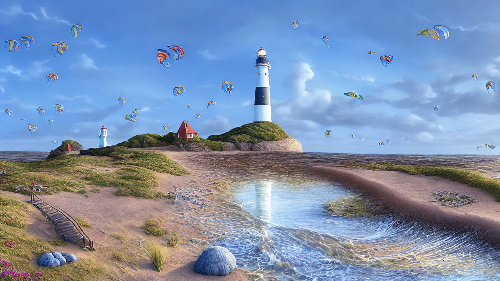 Coastal scene with lighthouse, paragliders, beach, and water