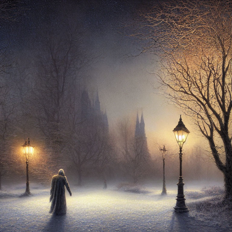 Snowy Path with Victorian Street Lamps and Castle-like Structure