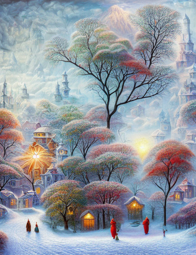 Snow-covered winter village with illuminated buildings and trees under twilight sky