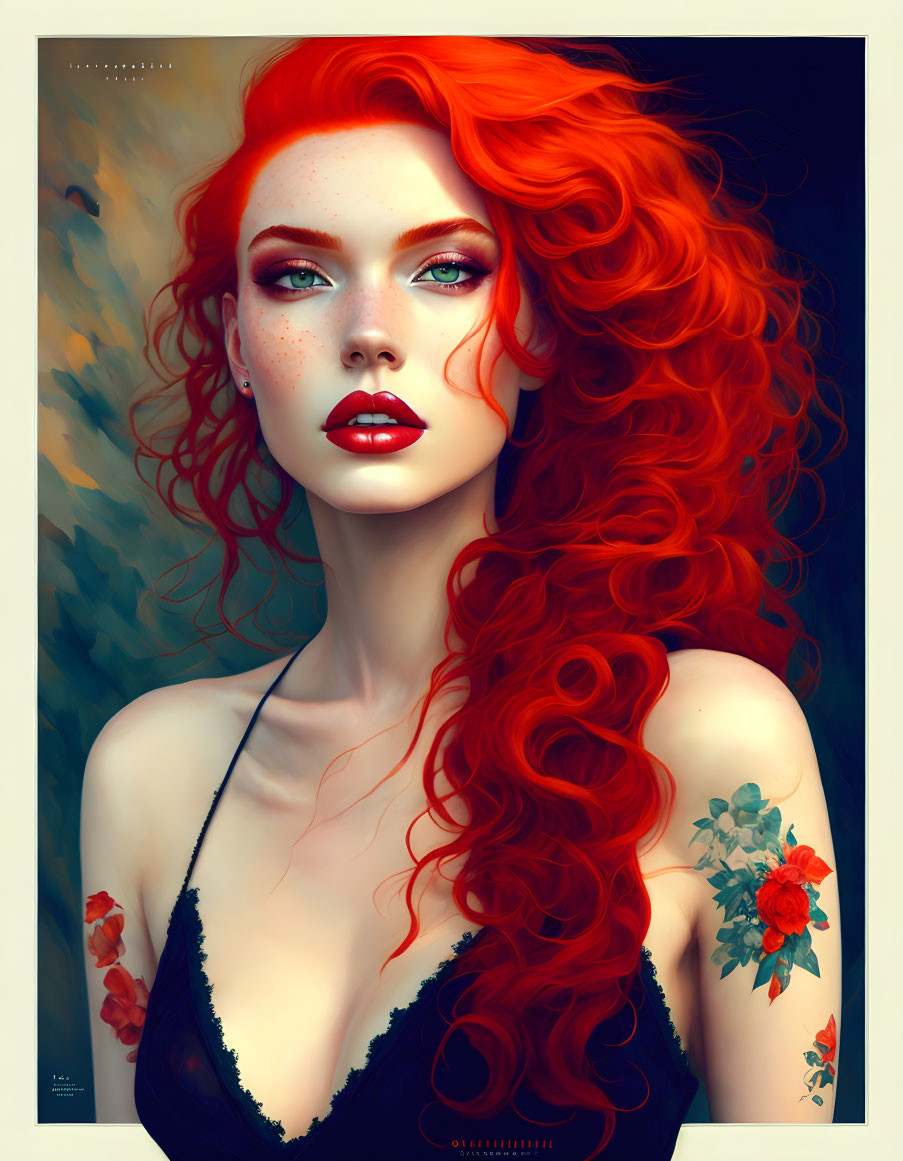 Vibrant digital portrait of woman with red hair, freckles, blue eyes, and floral