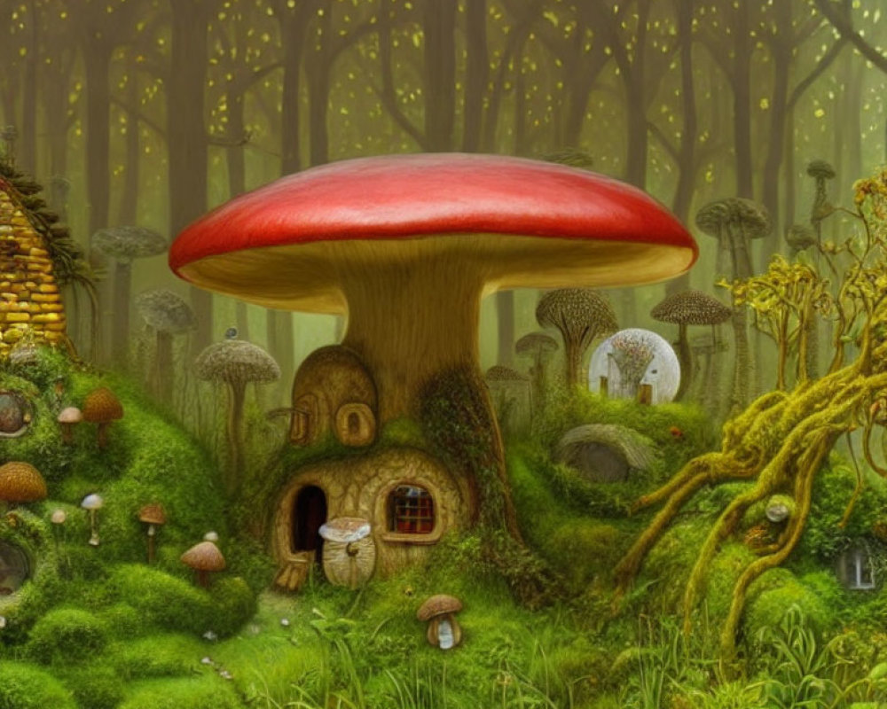 Enchanting forest scene with red-capped mushroom house